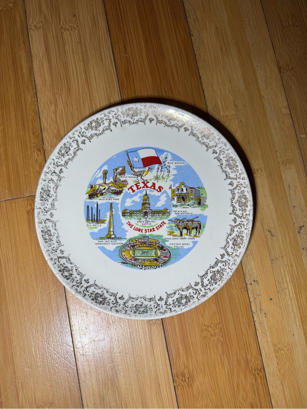 Texas Souvenir Decorative Plate - White with Multicolor Design